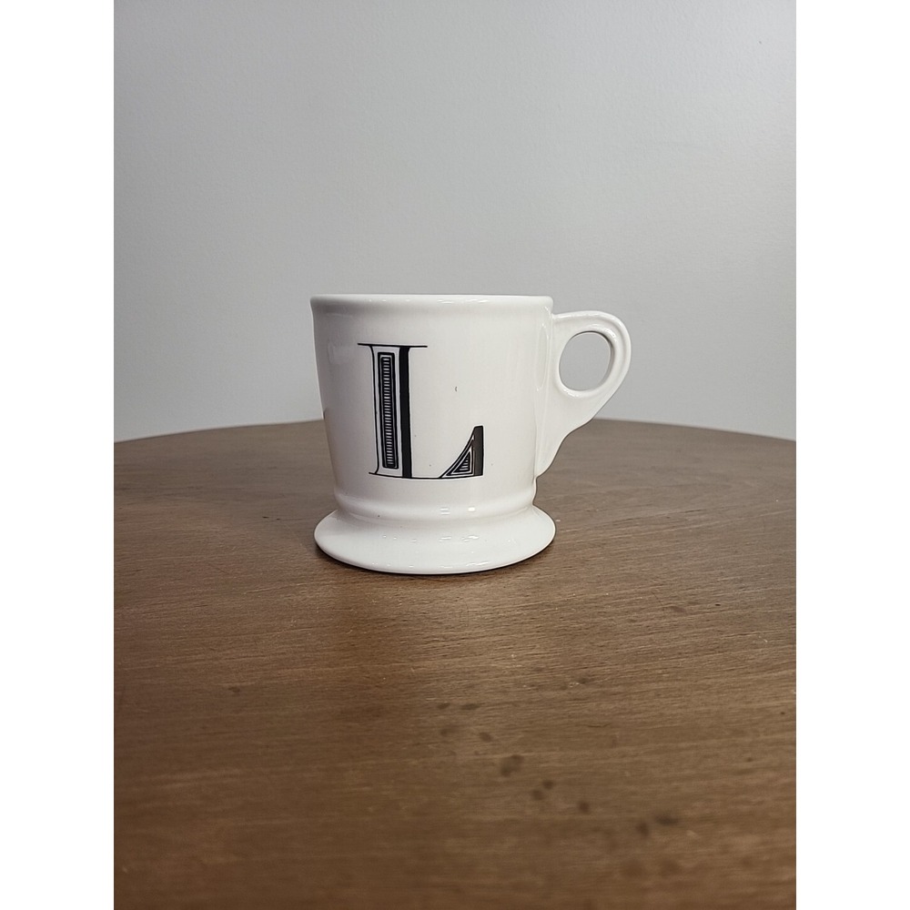 Anthropologie White Coffee Mug Black Letter "L"Initial Monogram Shaving Pattern‎